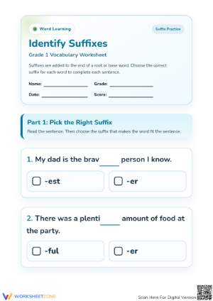 Printable Identify Suffixes Worksheet | Grade 1 ELA
