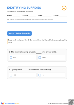Printable Identifying Suffixes Worksheet | Grade 1 ELA
