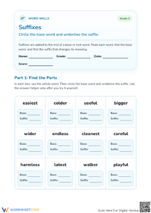 Grade 2 Suffixes Printable Worksheet: Identify Base Words