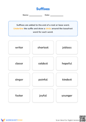 Printable Suffixes Worksheet | Grade 1-2 ELA