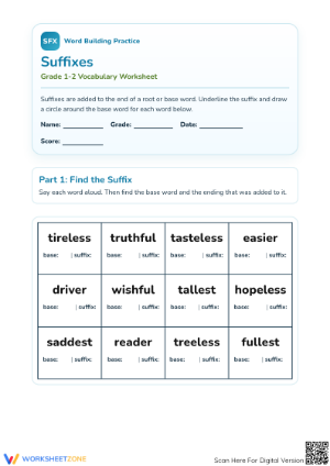 Printable Suffixes Worksheet | Grade 1-2 ELA Practice