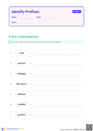 Printable Prefix Identification Worksheet | Grade 2 ELA