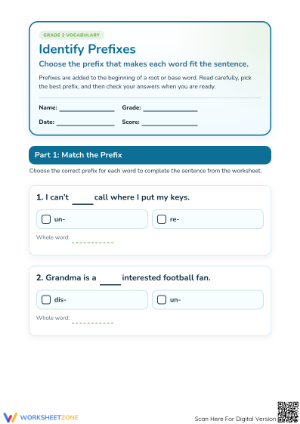 printable Identify Prefixes Worksheet | Grade 2 ELA