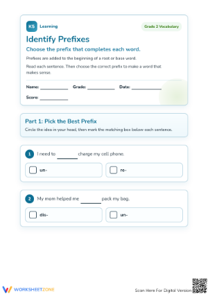 Printable Identify Prefixes Worksheet | Grade 2 ELA
