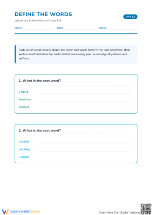 Grade 3-5 Root Words — Printable No-Prep Worksheet