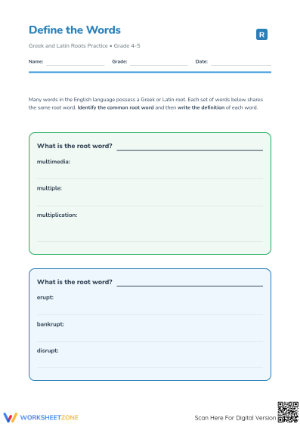 Greek and Latin Roots Worksheet for Grade 4-5: Essential