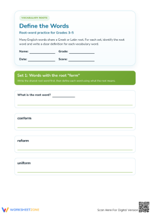 Printable Greek and Latin Roots Worksheet | Grades 3-5