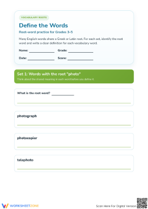 Printable Grade 3-5 Greek and Latin Roots Worksheet