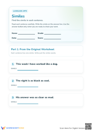 Printable Similes Worksheet | Grade 3-5 ELA Ready