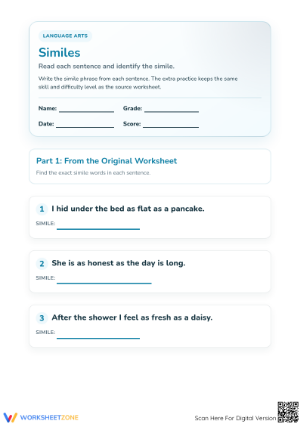 Printable Similes Worksheet | Grade 3-5 ELA Ready