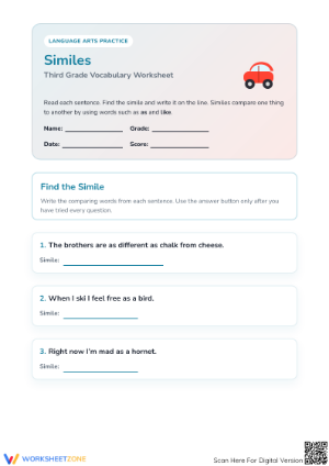 Printable Similes Worksheet | Grade 3-5 ELA Vocabulary