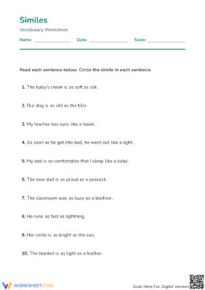 Grade 4 Similes — Printable No-Prep Worksheet
