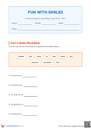 Printable Similes Practice Worksheet — Grade 3 ELA