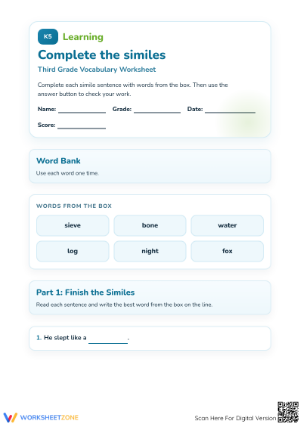 Printable Similes Worksheet | Grade 3 English Practice