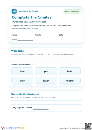 Printable Similes Worksheet | Grade 3 ELA Ready