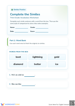 Printable Grade 3 Similes Practice: Complete the Comparison