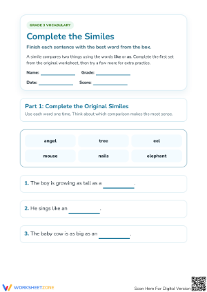 Printable Similes Worksheet | Grade 3 Essential ELA