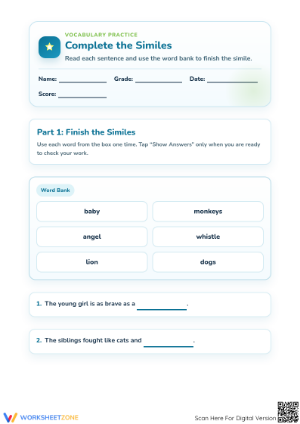 Printable Similes Worksheet | Grade 3 ELA Aligned