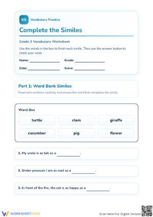 Complete the Similes Printable Worksheet | Grade 3 ELA