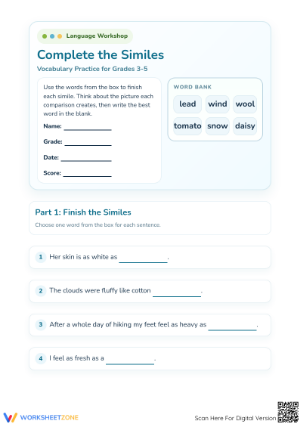 Essential Similes Practice Worksheet | Grades 3-5 Printable
