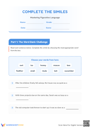Printable Similes Worksheet | Grade 3 ELA Complete Guide