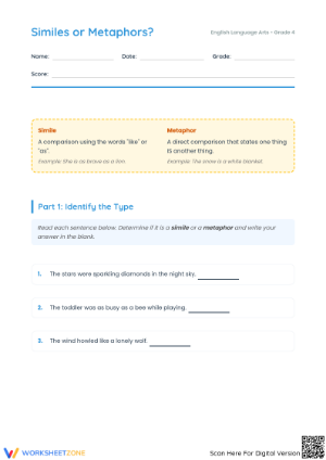 Printable Similes or Metaphors Worksheet | Grade 4 ELA