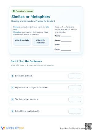 Printable Similes and Metaphors Worksheet | Grade 4 ELA