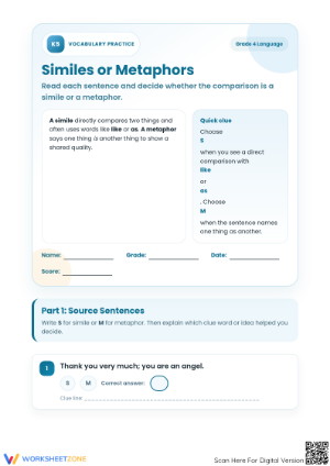 Printable Similes and Metaphors Worksheet | Grade 4 ELA
