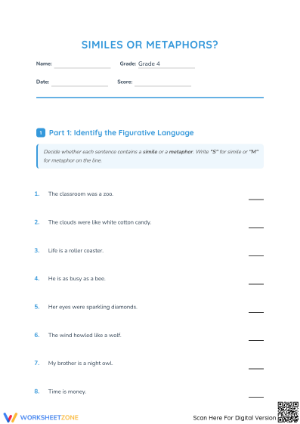 Printable Similes and Metaphors Practice | Grade 4 ELA