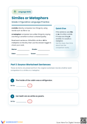 Printable Similes and Metaphors Worksheet | Grade 4 ELA