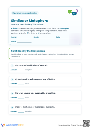 Printable Similes and Metaphors Worksheet | Grade 4 ELA