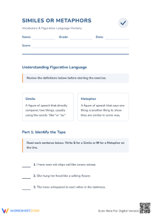 Printable Similes and Metaphors Worksheet | Grade 4 ELA