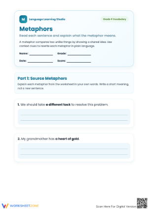 Printable Metaphor Meanings Worksheet | Grade 4 ELA