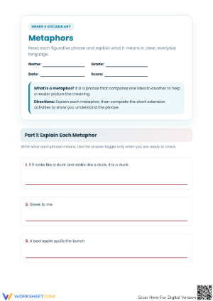 Essential Metaphors Worksheet | Grade 4 ELA Printable