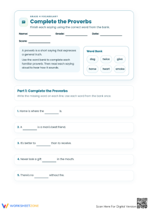 Complete the Proverbs Worksheet | Grade 4 Essential ELA