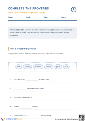 Grade 4 Proverbs — Printable No-Prep ELA Worksheet