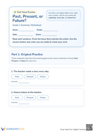 Printable Past Present or Future Tense Worksheet | Grade 1