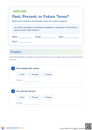 Printable Grade 1 Verb Tense Worksheet: Past, Present, Future