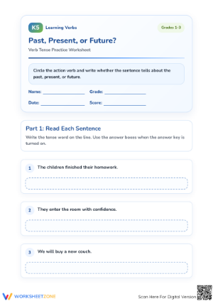 Printable Past Present or Future Tense Worksheet | Grade 1-3