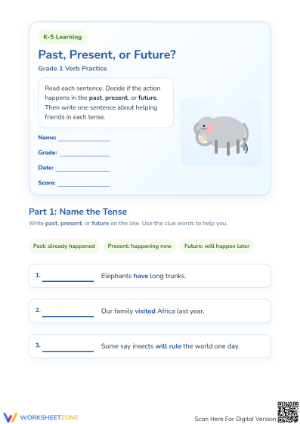 Printable Past, Present & Future Tense Worksheet Grade 1