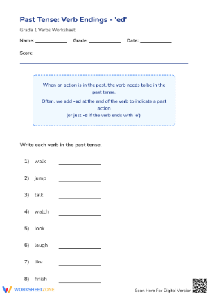 Past Tense -ed Endings Printable Worksheet | Grade 1 ELA
