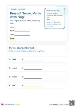 Printable Grade 1 Present Tense Verbs with -ing Worksheet