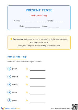 Printable Present Tense -ing Verbs Worksheet | Grade 1