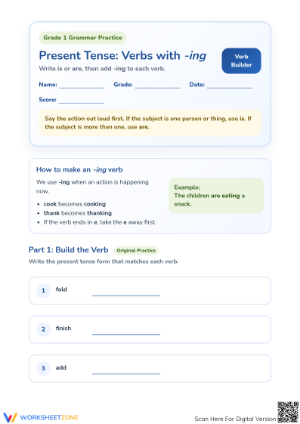 Present Tense -ing Verbs Worksheet | Grade 1 Printable