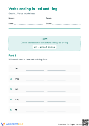 Essential Grade 1 Verbs Worksheet: -ed and -ing Tenses