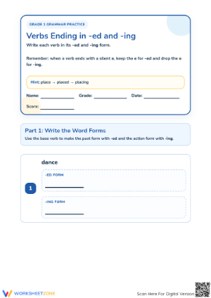 Printable Verbs Ending in -ed and -ing Worksheet | Grade 1
