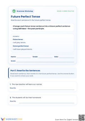 Printable Future Perfect Tense Worksheet | Grade 4 ELA