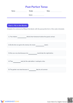 Printable Past Perfect Tense Worksheet | Grade 4 ELA