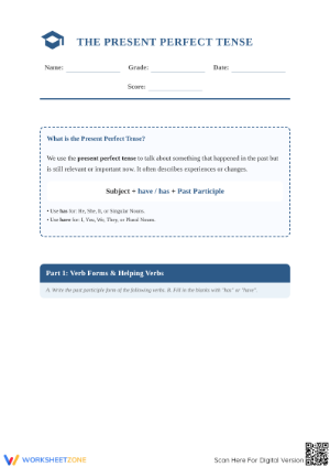Printable Present Perfect Tense Worksheet | Grade 4 ELA