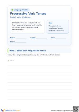Grade 3 Progressive Verb Tenses — Printable Ready Worksheet